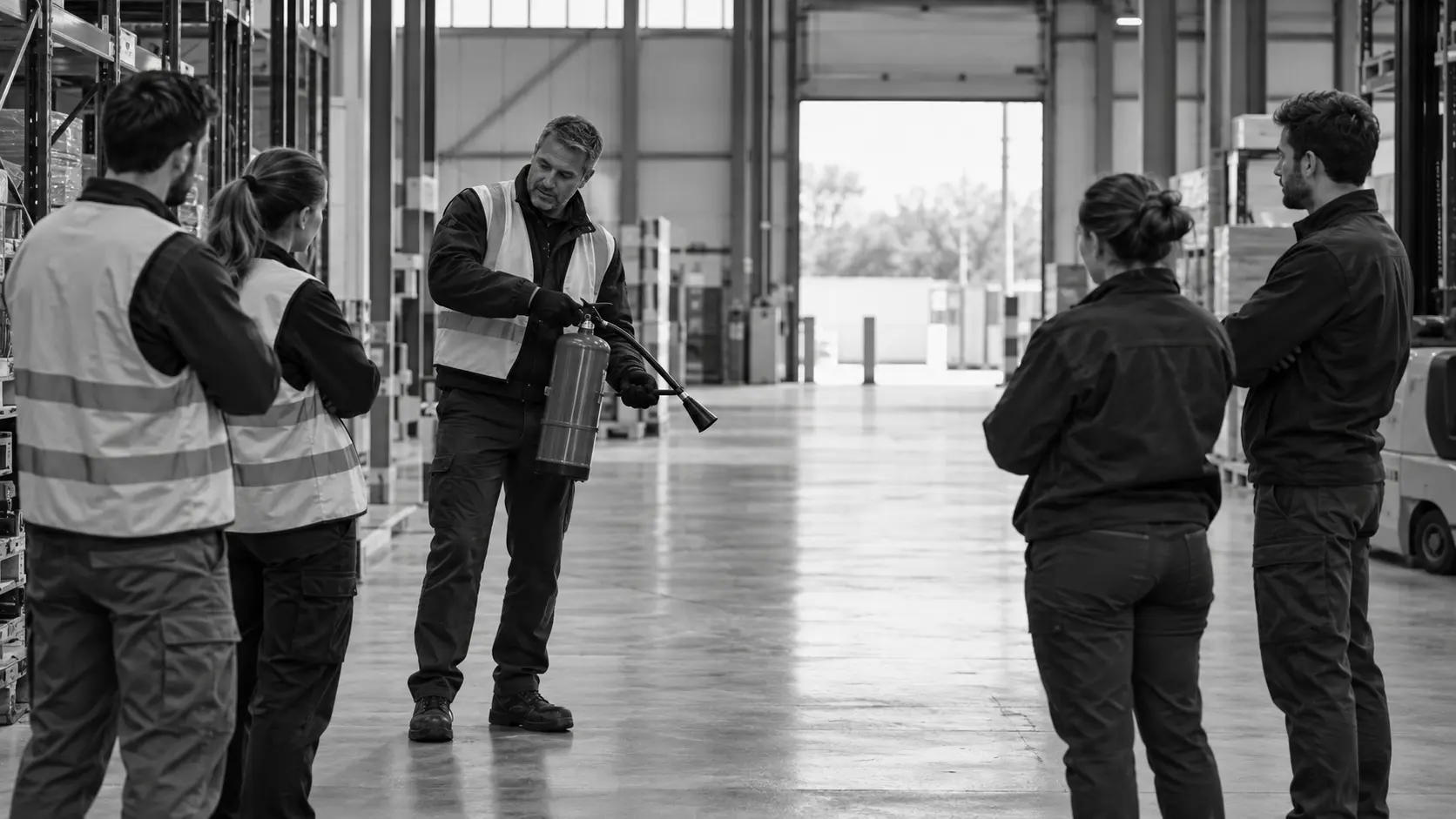 Illustration d’un formateur présentant une procédure de sécurité à des salariés dans un entrepôt